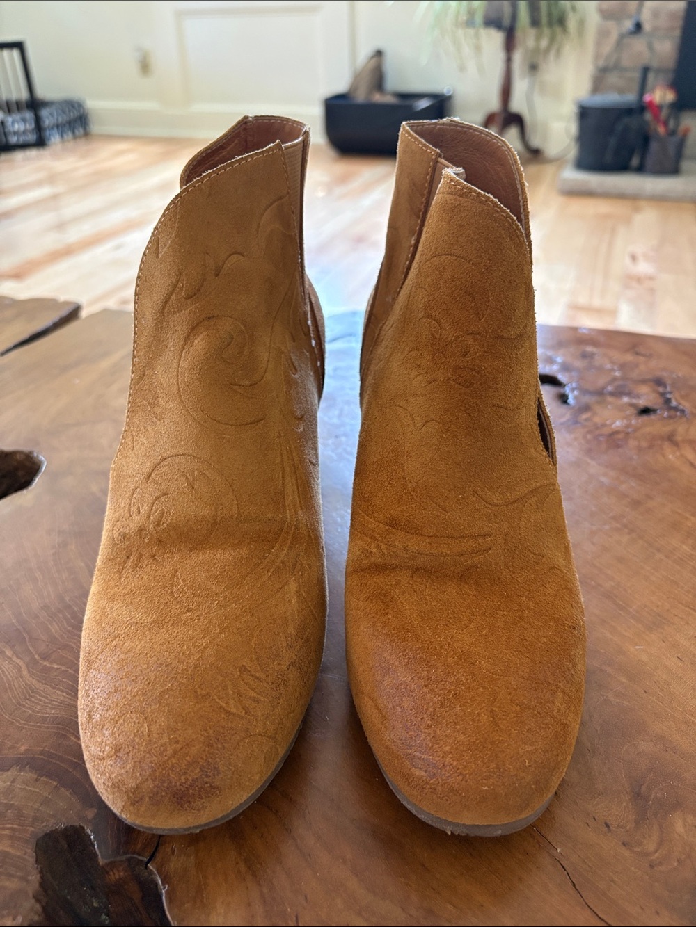 Antelope Tan Suede Ankle Booties with Subtle Stitching